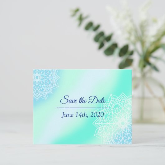 Blauw en Blauwgroen Mandala Bruiloft Save the Date Briefkaart (Staand voorkant)