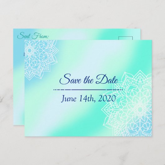 Blauw en Blauwgroen Mandala Bruiloft Save the Date Briefkaart (Voorkant / Achterkant)