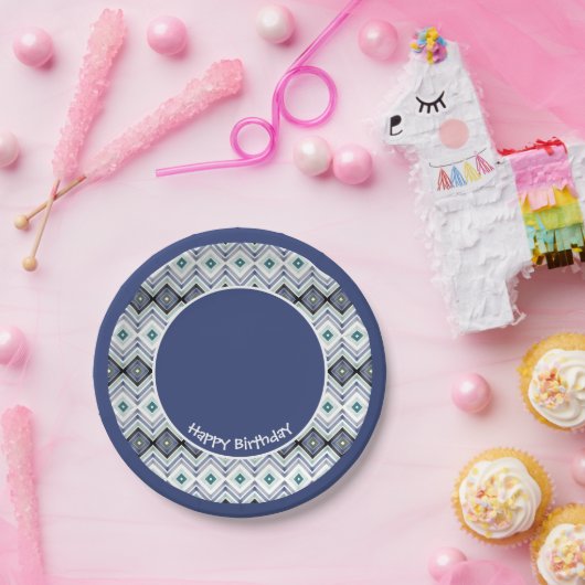 Blauw en Blauwgroen Patterned Happy Birthday Paper Papieren Bordje (Feest)