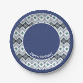 Blauw en Blauwgroen Patterned Happy Birthday Paper Papieren Bordje (Voorkant)
