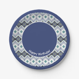 Blauw en Blauwgroen Patterned Happy Birthday Paper Papieren Bordje
