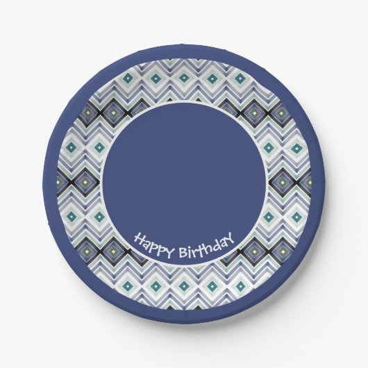 Blauw en Blauwgroen Patterned Happy Birthday Paper Papieren Bordje (Voorkant)