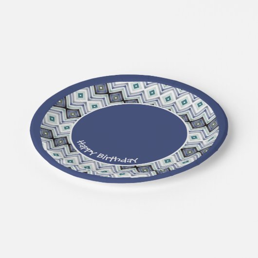 Blauw en Blauwgroen Patterned Happy Birthday Paper Papieren Bordje (Gekanteld)
