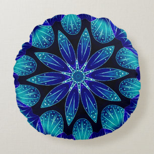 Blauw en Blauwgroen Petals Mandala Rond Kussen