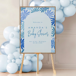 Blauw en Blauwgroen Retro Bloemen Groovy Baby Welk Poster