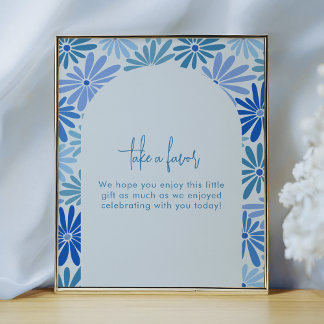 Blauw en Blauwgroen Retro Floral Groovy Baby Favor Poster