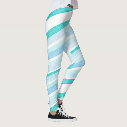 Blauw en Blauwgroen Striped Abstract Leggings (Rechts)