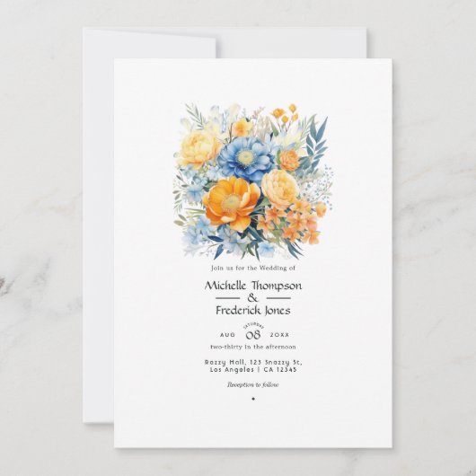 Blauw en Bleek Sinaasappel Bloemenlente Bruiloft Kaart (Voorkant)