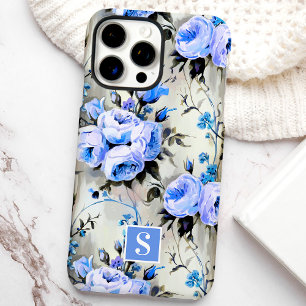 Blauw en bleekblauw monogram bloemmotief iPhone 16 pro max hoesje