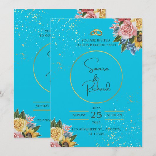 Blauw en Bloemen bruiloft Kaart (Voorkant / Achterkant)