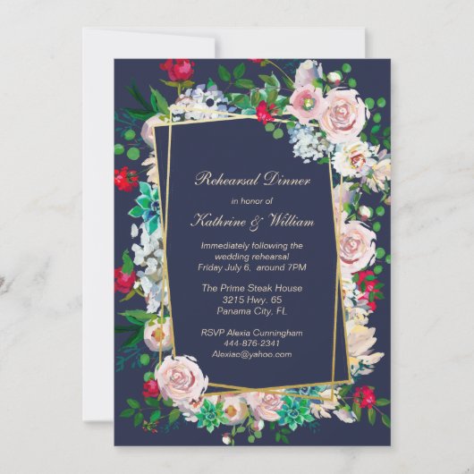 Blauw en Bloemen Lijst Huwelijksrepetitie Diner Kaart (Voorkant)