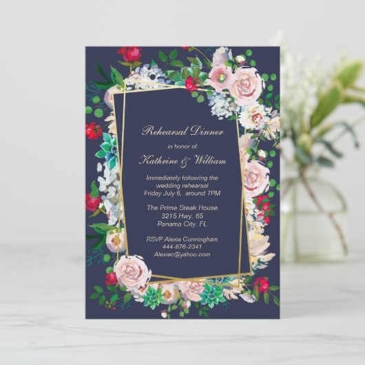 Blauw en Bloemen Lijst Huwelijksrepetitie Diner Kaart (Staand voorkant)