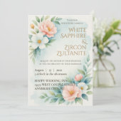 Blauw en blos Bloemen bruiloft uitnodiging (Staand voorkant)