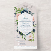 Blauw en Blush Bloemen Bruiloft All In One Uitnodiging (Binnen)