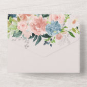 Blauw en Blush Bloemen Bruiloft All In One Uitnodiging (Achterkant)