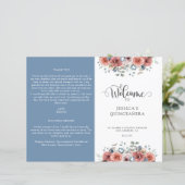 Blauw en Blush Bloemen Quinceanera-programma (Staand voorkant)
