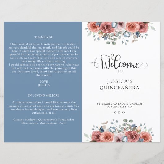 Blauw en Blush Bloemen Quinceanera-programma (Voorkant)