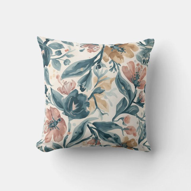 Blauw en Blush Bloempatroon Kussen (Voorkant)