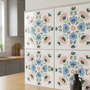 Blauw en Blush Bloemrijke Folk Art Decoratieve Ker Tegeltje
