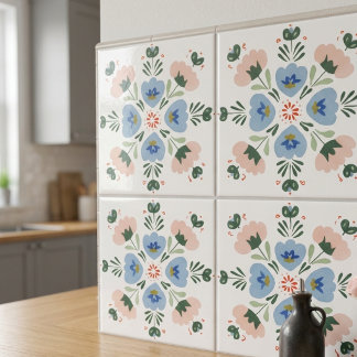 Blauw en Blush Bloemrijke Folk Art Decoratieve Ker Tegeltje