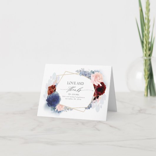Blauw en Blush Bourgondische bloemen bruiloft Dank Bedankkaart (Voorkant)