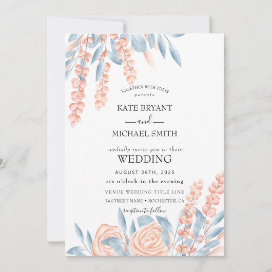 Blauw en Blush Dusty Floral Wedding Kaart (Voorkant)