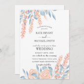 Blauw en Blush Dusty Floral Wedding Kaart (Voorkant / Achterkant)