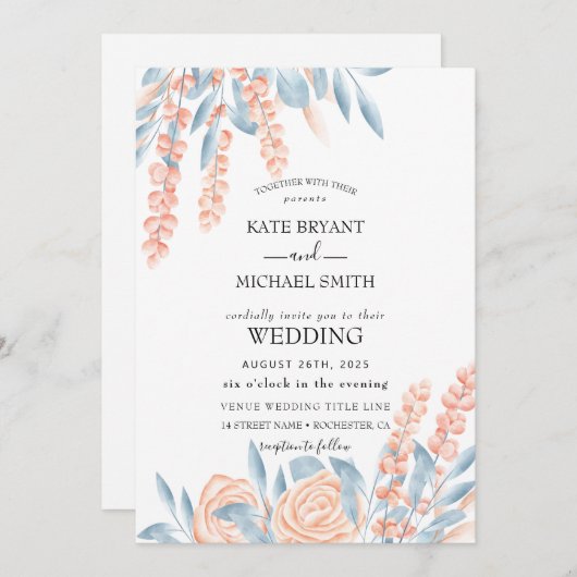 Blauw en Blush Dusty Floral Wedding Kaart (Voorkant / Achterkant)