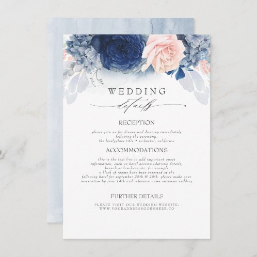 Blauw en Blush Gekleurde Bloemen Bruiloft Informat Informatiekaartje (Voorkant / Achterkant)