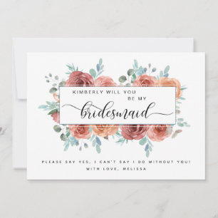 Blauw en Blush Roze Bloemen Be My Bridesmaid Kaart Notitiekaartje