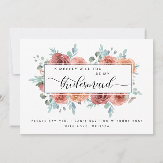 Blauw en Blush Roze Bloemen Be My Bridesmaid Kaart Notitiekaartje (Voorkant)