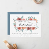 Blauw en Blush Roze Bloemen Be My Bridesmaid Kaart Notitiekaartje (Voorkant / Achterkant in situ)