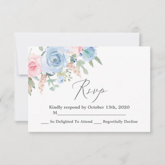 Blauw en blush RSVP trouwkaart (Voorkant)