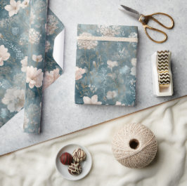 Blauw en Blush Vintage Bloemen Inpakpapier