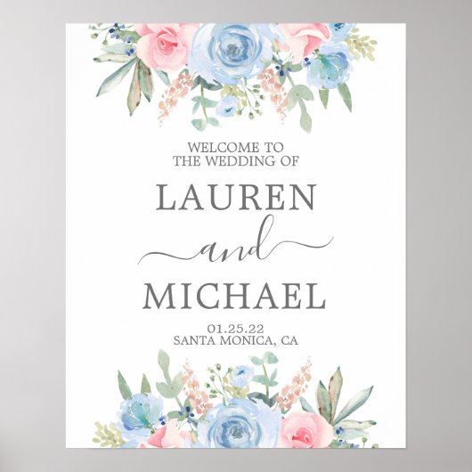 Blauw en Blush Weddenschap Welkomstteken Poster (Voorkant)