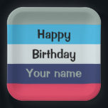 Blauw en bogundy Happy Birthday Papieren Bordje<br><div class="desc">Horizontaal blauw en onbeschoft gestript patroon en een tekst sjabloon. Klik uitgeven om de tekst in uw het houden van te veranderen.</div>