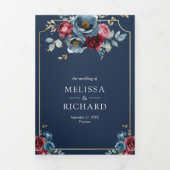 Blauw en bordeauxrood bloemmotief trouwfeest drieluik uitnodiging (Cover)