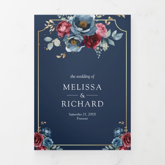 Blauw en bordeauxrood bloemmotief trouwfeest drieluik uitnodiging (Cover)