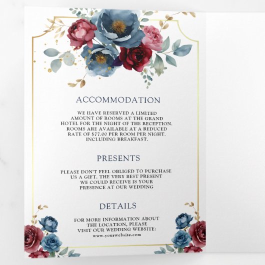 Blauw en bordeauxrood bloemmotief trouwfeest drieluik uitnodiging (Binnenzijde eerst)