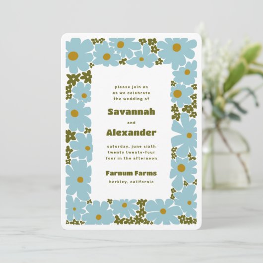 Blauw en bosgroen Groovy Blooms Boho Wedding Kaart (Staand voorkant)