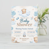 Blauw en bruin aquarel babyshower uitnodiging (Staand voorkant)