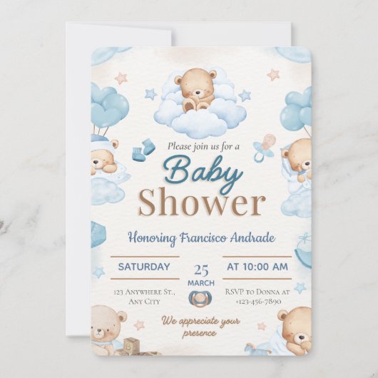 Blauw en bruin aquarel babyshower uitnodiging (Voorkant)