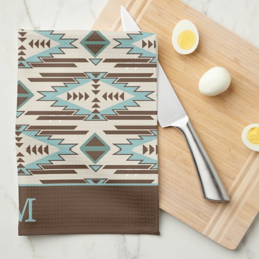 Blauw en bruin Aztec - tribaal monogram Theedoek (Quarter Fold)