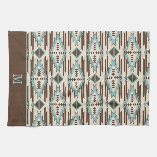 Blauw en bruin Aztec - tribaal monogram Theedoek (Horizontaal)