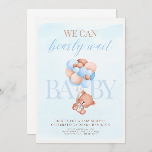 Blauw en Bruin Baby shower Invitation Kaart (Voorkant / Achterkant)