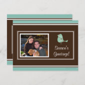 Blauw en Bruin Birdie Retro Foto Kerst Kaarten (Voorkant / Achterkant)