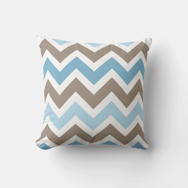 Blauw en Bruin Chevron Zigzag Patroon Kussen (Voorkant)