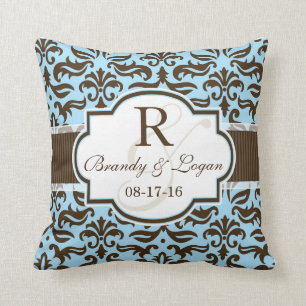 Blauw en bruin Damask Wedding Kussen