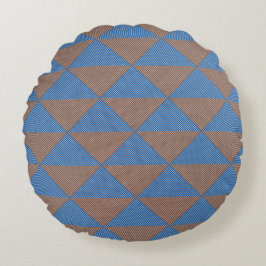 Blauw en bruin geometrisch diamantpatroon | Modern Rond Kussen