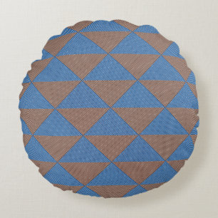 Blauw en bruin geometrisch diamantpatroon   Modern Rond Kussen